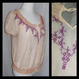 Peasant blouse | embroidered | short sleeve cotton top | Size Large